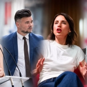 La líder de Más Madrid, Mónica Garcia (i); el portavoz de ERC en el Congreso, Gabriel Rufián (2i); la eurodiputada y candidata de Podemos, Irene Montero (2d); y la exalcaldesa de Barcelona, Ada Colau (d). Elaboración propia (Imágenes de Europa Press).