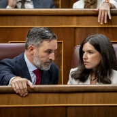 El presidente de la ultraderecha Vox, Santiago Abascal, y la diputada portavoz, Pepa Millán, en el Congreso de los Diputados. A. Pérez Meca / Europa Press