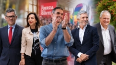 El ministro de la Presidencia, Justicia y Relaciones con las Cortes, Félix Bolaños (i); la ministra de Defensa, Margarita Robles (2i); el presidente del Gobierno y líder del PSOE, Pedro Sánchez (c); el ministro del Interior, Fernando Grande-Marlaska (2d); y el ministro de Industria y Turismo, Jordi Hereu (d). Elaboración propia (Imágenes de Europa Press).