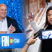 El secretario general y director de campaña del Partido Popular, Miguel Tellado (i); y la diputada del PP, Ana Vázquez, tras ser expulsada por llevar un bote de gas pimienta en el Congreso (d). Elaboración propia (Imágenes de Europa Press).