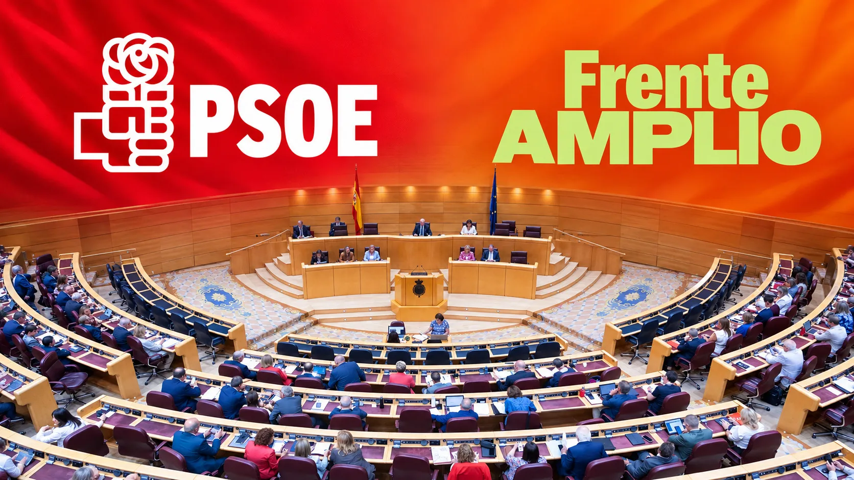 Cámara legislativa con branding político PSOE y Frente Amplio