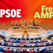 El hemiciclo del Senado y los logotipos del PSOE y el nuevo Frente Amplio de izquierdas. Elaboración propia (Imágen original de Europa Press).
