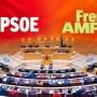 El hemiciclo del Senado y los logotipos del PSOE y el nuevo Frente Amplio de izquierdas. Elaboración propia (Imágen original de Europa Press).