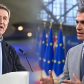 El presidente del Partido Popular, Alberto Núñez Feijóo (i); y el presidente del Gobierno y líder del PSOE, Pedro Sánchez (d). Elaboración propia + IA (Imágenes originales de Europa Press y EU)