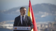 El presidente de Vox, Santiago Abascal, atiende a los medios en el Mirador Isabel II. Fuente: Marcos Moreno / Europa Press.