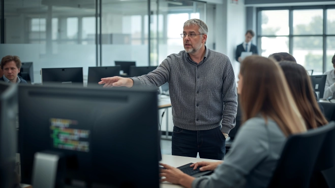 Un jefe comunicándose con sus empleados. Un jefe comunicándose con sus empleados.