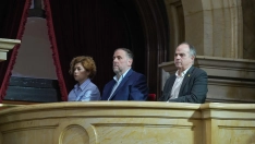 La secretaria general de ERC, Elisenda Alemany, el presidente de ERC, Oriol Junqueras y el secretario general de Junts, Jordi Turull. Fuente: David Zorrakino / Europa Press.