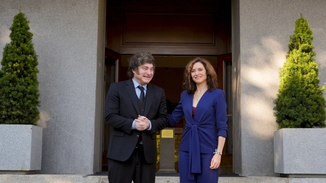 The president of Argentina, Javier Milei, and the president of the Community of Madrid, Isabel Díaz Ayuso, this afternoon in Madrid. Source: Community of Madrid
