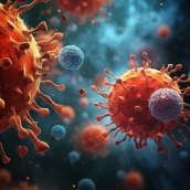 viruses highlighted by blue red hues float cellular space viruses highlighted by blue red hues float cellular space