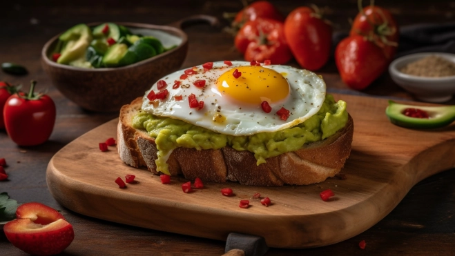 Una tostada con huevo encima y aguacate encima. Fuente: vecstock en Magnific.