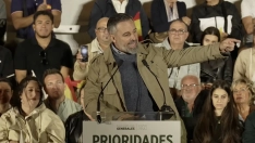 El líder de la ultraderecha Vox, Santiago Abascal, esta tarde en el mitin de Mahón, Menorca. Fuente: VOX