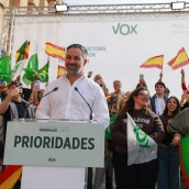 El presidente de la ultraderecha Vox, Santiago Abascal, durante un acto público en el marco de la precampaña esta mañana en Palma de Mallorca. Tomàs Moyà / Europa Press