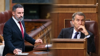 El presidente de la ultraderecha Vox, Santiago Abascal (i); y el líder del Partido Popular, Alberto Núñez Feijóo (d). Elaboración propia (Imágenes de Europa Press).