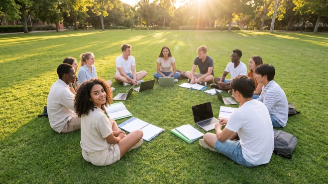 Several students gathered with their notes. Source: Image by Gerd Altmann on Pixabay.