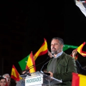 El presidente de Vox, Santiago Abascal, interviene durante un acto de precampaña electoral. Emilio Fraile / Europa Press