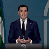 El presidente de la Junta de Andalucía, Juanma Moreno, en declaración institucional tras el trágico accidente ferroviario esta mañana en Urda, Toledo. Fuente: Junta de Andalucía