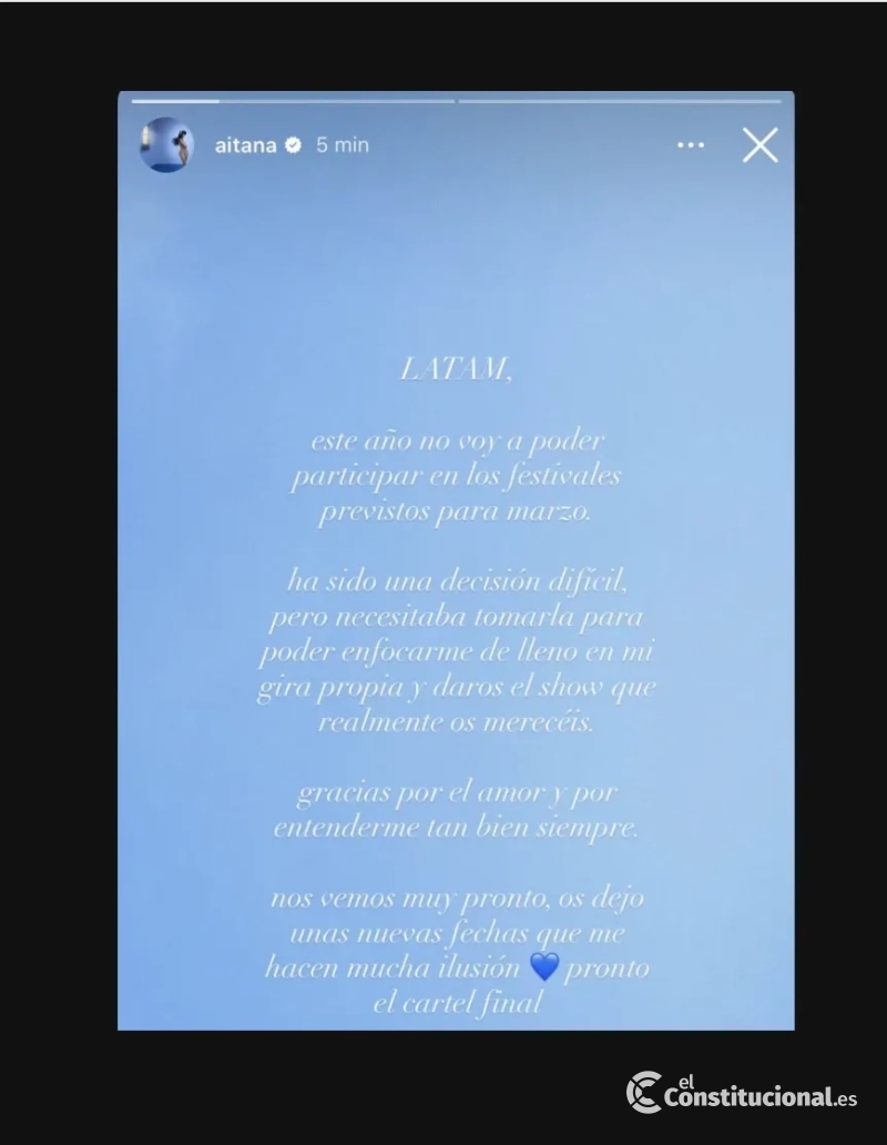 Captura del comunicado de Aitana en sus redes sociales (Instagram)