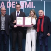 El secretario general de CCOO, Unai Sordo; el presidente del Gobierno, Pedro Sánchez; la vicepresidenta segunda y ministra de Trabajo y Economía Social, Yolanda Díaz, y el secretario general de UGT, Pepe Álvarez