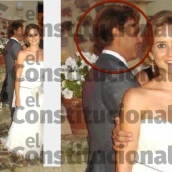 Isabel Díaz Ayuso, presidenta de la Comunidad de Madrid, vestida de novia y, al fondo, el empresario Rafael Hernández Torre Durban