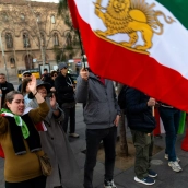 Manifestación por un cambio de régimen en Irán, en la plaza Universitat, a 21 de febrero de 2026, en Barcelona, Catalunya (España).