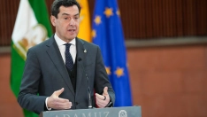 El presidente de la Junta de Andalucía, Juanma Moreno, durante la rueda de prensa posterior al Consejo de Gobierno