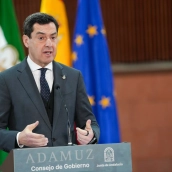 El presidente de la Junta de Andalucía, Juanma Moreno, durante la rueda de prensa posterior al Consejo de Gobierno