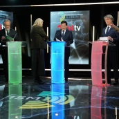 Los tres candidatos a la Presidencia de la Junta de Castilla y León junto a sus equipos antes del segundo debate para las elecciones autonómicas en Castilla y León. Photogenic/Claudia Alba / Europa Press