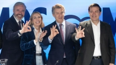 María Guardiola, este lunes, junto a Azcón, Feijóo y Mañueco