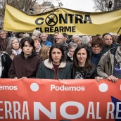 Isa Serra, Irene Montero e Ione Belarra, en la manifestación del “no a la guerra” el 21 de marzo de 2026. Diego Radamés / Europa Press