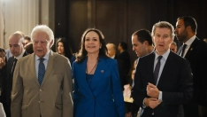 La líder opositora venezolana, María Corina Machado, el expresidente del Gobierno, Felipe González, y el presidente del PP, Alberto Núñez Feijóo. Mateo Lanzuela / Europa Press
