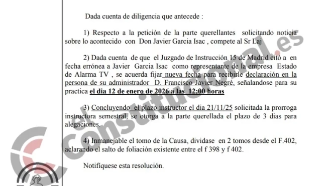Providencia a la que ha tenido acceso 'ElConstitucional.es' en la que se cita a Javier Negre