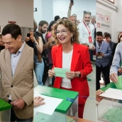 Los candidatos a la Presidencia de la Junta de Andalucía Juanma Moreno, María Jesús Montero y Antonio Maíllo. Elaboración propia (Europa Press)