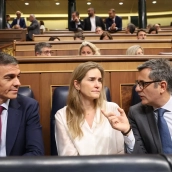 El presidente del Gobierno, Pedro Sánchez; la vicepresidenta tercera y ministra para la Transición Ecológica y el Reto Demográfico, Sara Aagesen, y el ministro de la Presidencia, Justicia y Relaciones con las Cortes, Félix Bolaños.  Marta Fernández / Europa Press