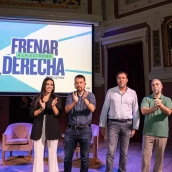 El ministro de Transportes y Movilidad Sostenible, Óscar Puente; el secretario general y portavoz de Facua, Rubén Sánchez; la analista política Sarah Santaolalla y el exvicepresidente del Gobierno, Pablo Iglesias.Isa Saiz / Europa Press