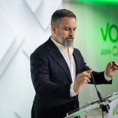El presidente de VOX, Santiago Abascal, durante una rueda de prensa, en la sede VOX. Alejandro Martínez Vélez / Europa Press