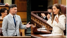 El portavoz de ERC en el Congreso, Gabriel Rufián, y la portavoz del PP en el Congreso, Ester Muñoz. Elaboración propia (Gabriel Luengas / Europa Press)