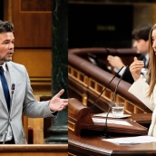 El portavoz de ERC en el Congreso, Gabriel Rufián, y la portavoz del PP en el Congreso, Ester Muñoz. Elaboración propia (Gabriel Luengas / Europa Press)