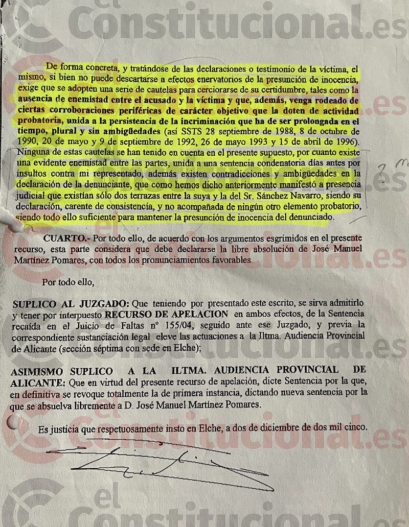 Detalle del escrito de apelación presentado por Saura con fragmentos de otro procedimiento diferente. Detalle del escrito de apelación presentado por Saura con fragmentos de otro procedimiento diferente.