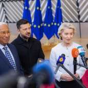 El presidente del Consejo Europeo, António Costa, junto al ucraniano Volodímir Zelenski y la presidenta de la Comisión Europea, Ursula von der Leyen. European Comission Press