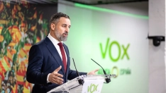 El presidente de VOX, Santiago Abascal, durante una rueda de prensa en la sede nacional del partido. Gabriel Luengas / Europa Press