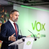 El presidente de VOX, Santiago Abascal, durante una rueda de prensa en la sede nacional del partido. Gabriel Luengas / Europa Press