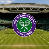 Logo de Wimbledon con la pista principal de fondo. (Fuente: IconMeteo).