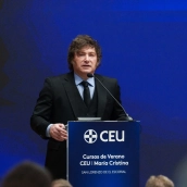 El presidente de Argentina, Javier Milei, durante la presentación de los Cursos de Verano CEU-María Cristina, en la Universidad CEU San Pablo. Matias Chiofalo / Europa Press