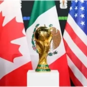Trofeo de la Copa del Mundo con las banderas anfitrionas. (Fuente: 442).
