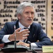 El ministro del Interior, Fernando Grande-Marlaska, durante la sesión de comparecencia informativa ante la Comisión de Investigación del Senado. Fernando Sánchez / Europa Press
