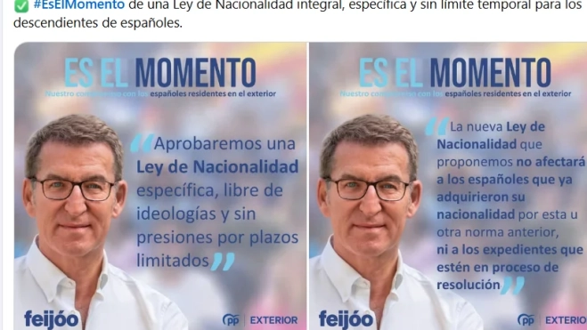 Promesa electoral de una "Ley de Nacionalidad" de Feijóo en las generales de 2023.Fuente: Archivo de Maldita.es Promesa electoral de una "Ley de Nacionalidad" de Feijóo en las generales de 2023.Fuente: Archivo de Maldita.es