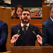 El vicepresidente y líder de Vox de Extremadura, Óscar Fernández (i); el Vicepresidente de Aragón y líder en la región del partido ultra, Alejandro Nolasco (c); y el portavoz de Vox y Vicepresidente de Castilla y León, Carlos Pollán (d). / EP