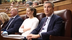) El secretario general del PP, Miguel Tellado; la portavoz del PP en el Congreso, Ester Muñoz, y el presidente del PP, Alberto Núñez Feijóo.  Eduardo Parra / Europa Press