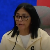 La presidenta encargada de Venezuela, Delcy Rodríguez, durante la rueda de prensa internacional. Fuente: Directo de la Rueda de Prensa, Gobierno de Venezuela