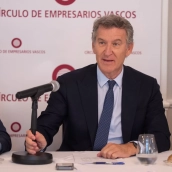 El líder del Partido Popular, Alberto Núñez Feijóo, en el Círculo de Empresarios Vascos. Fuente: PP/Diego Puerta El líder del Partido Popular, Alberto Núñez Feijóo, en el Círculo de Empresarios Vascos. Fuente: PP/Diego Puerta
